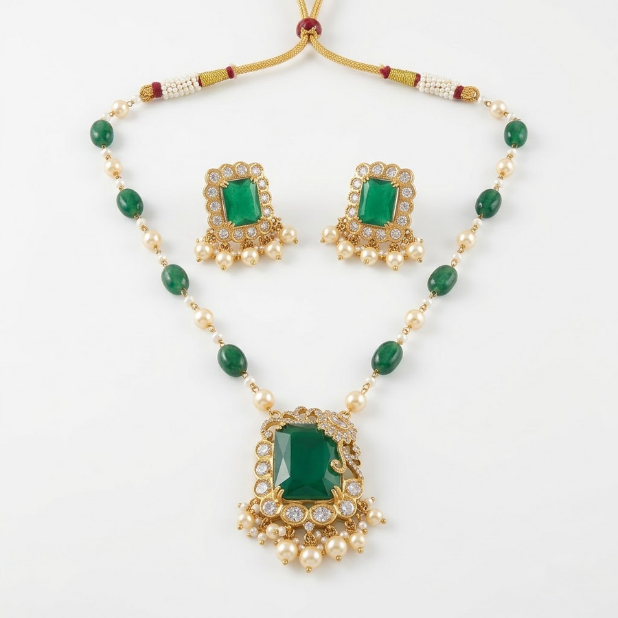 Vedilora® Royal Green & Red Traditional Necklace Set with Matching Earrings