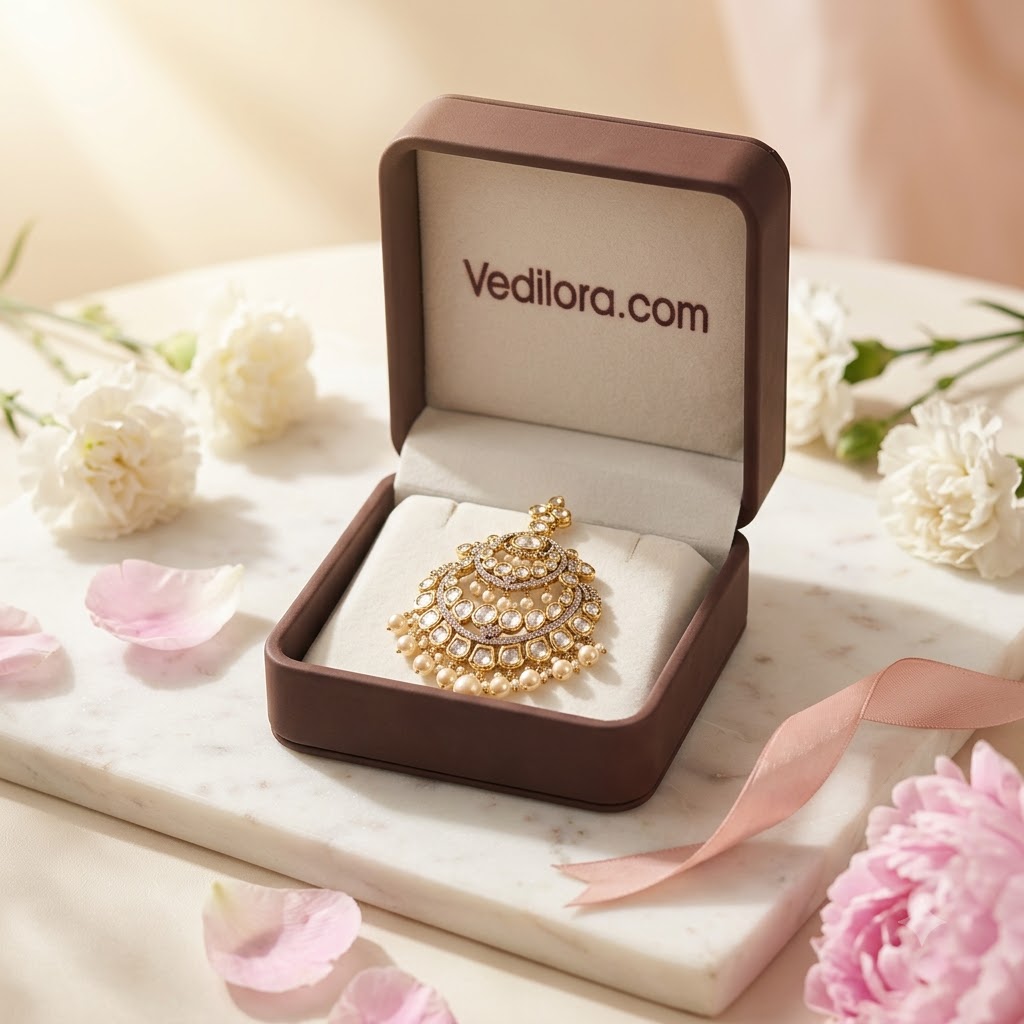 VEDILORA fashion jewellery Embellished Bridal Victorian-Plated Kundan Maang Tikka