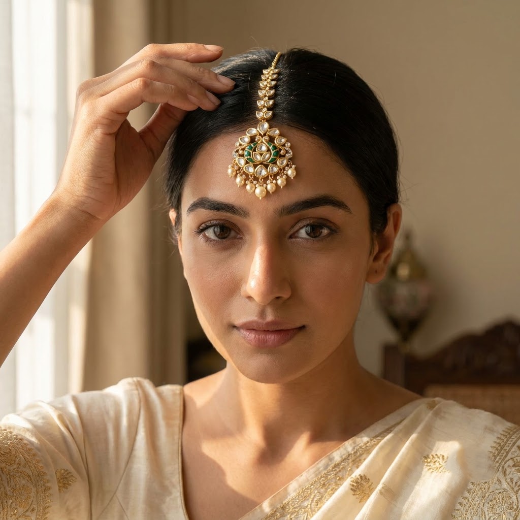 Green Victorian-Plated Ethnic Kundan Maang Tikka