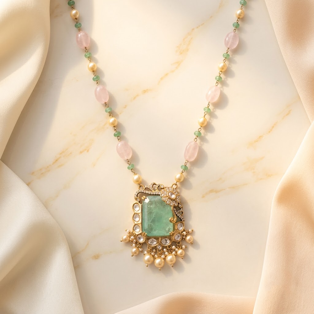 Vedilora® Royal Green & Red Traditional Necklace Set with Matching Earrings