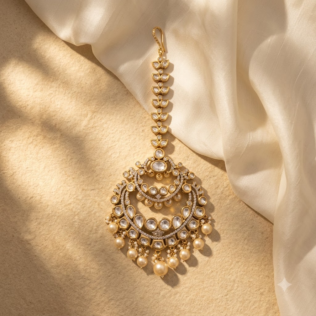 VEDILORA fashion jewellery Embellished Bridal Victorian-Plated Kundan Maang Tikka