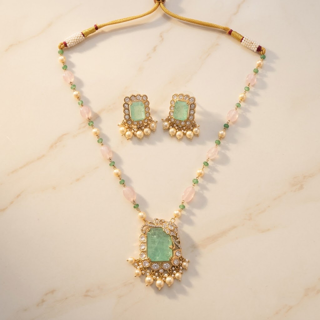 Vedilora® Royal Green & Red Traditional Necklace Set with Matching Earrings