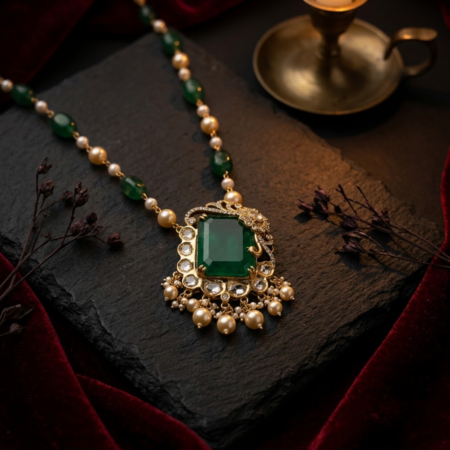 Vedilora® Royal Green & Red Traditional Necklace Set with Matching Earrings