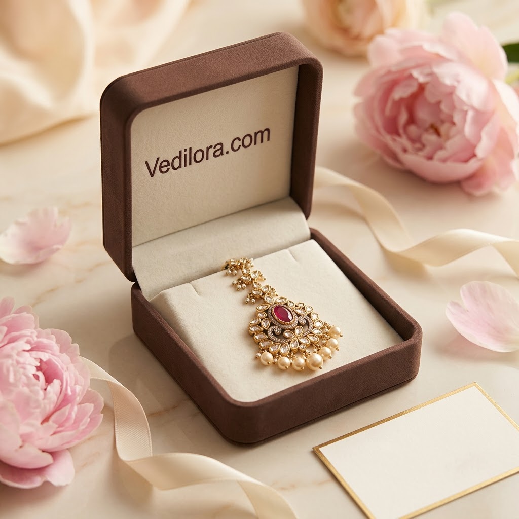 VEDILORA Fashion Jewellery Green & Red Victorian Plated Ethnic Kundan Tikka