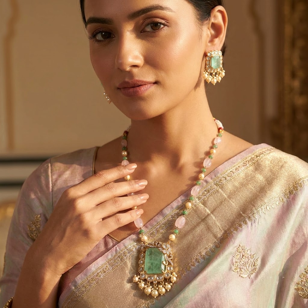 Vedilora® Royal Green & Red Traditional Necklace Set with Matching Earrings