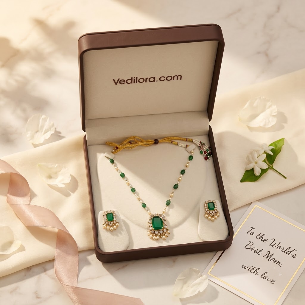 Vedilora® Royal Green & Red Traditional Necklace Set with Matching Earrings