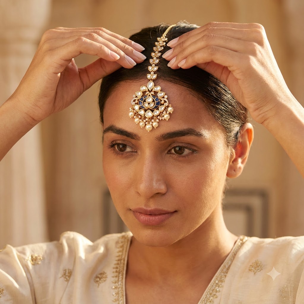 Green Victorian-Plated Ethnic Kundan Maang Tikka