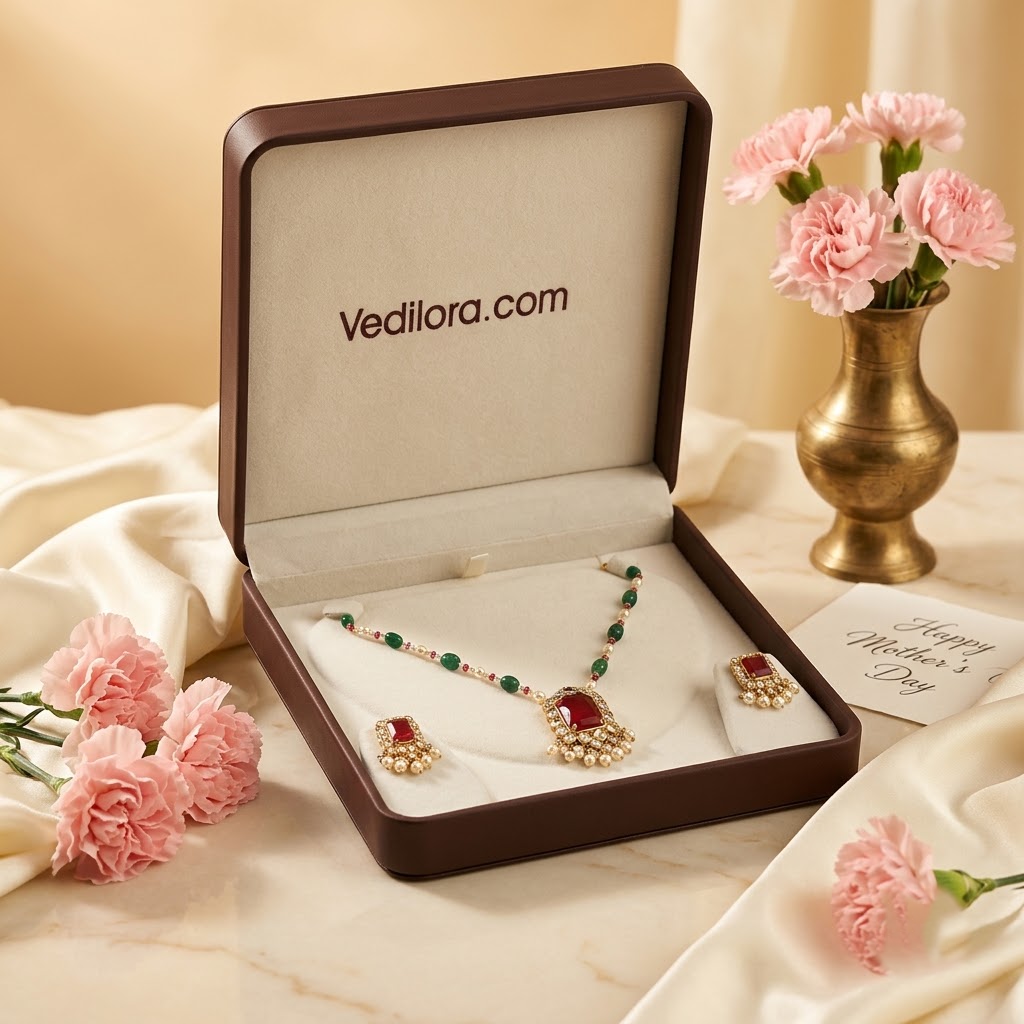 Vedilora® Royal Green & Red Traditional Necklace Set with Matching Earrings