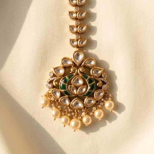 Green Victorian-Plated Ethnic Kundan Maang Tikka