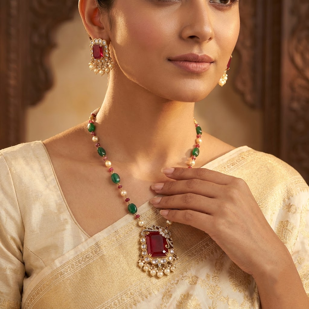 Vedilora® Royal Green & Red Traditional Necklace Set with Matching Earrings