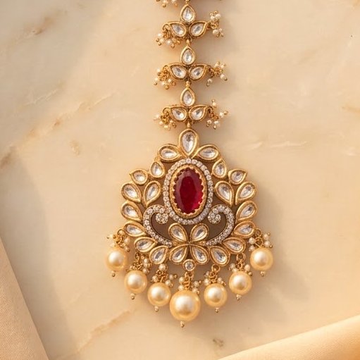 VEDILORA Fashion Jewellery Green & Red Victorian Plated Ethnic Kundan Tikka
