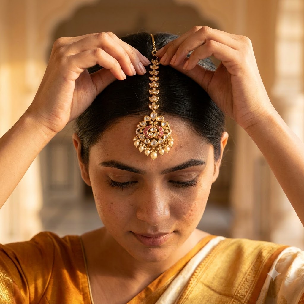 Green Victorian-Plated Ethnic Kundan Maang Tikka