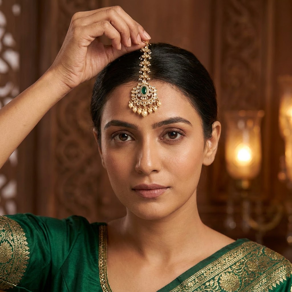 VEDILORA Fashion Jewellery Green & Red Victorian Plated Ethnic Kundan Tikka