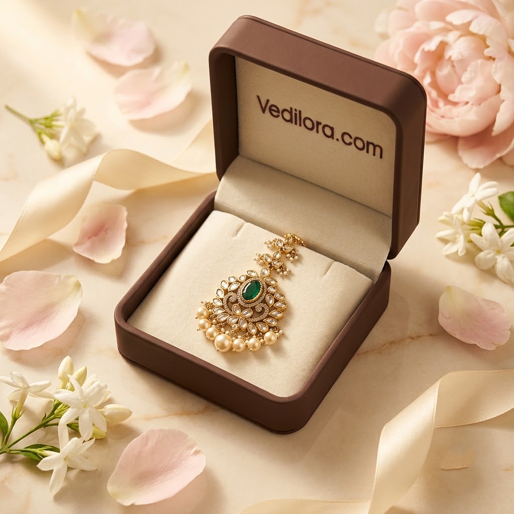 VEDILORA Fashion Jewellery Green & Red Victorian Plated Ethnic Kundan Tikka