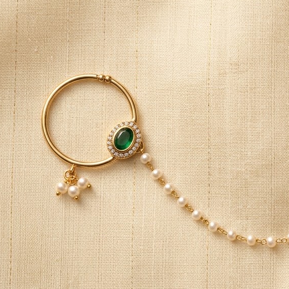 Elegant Gold-Plated Pearl Chain Nath