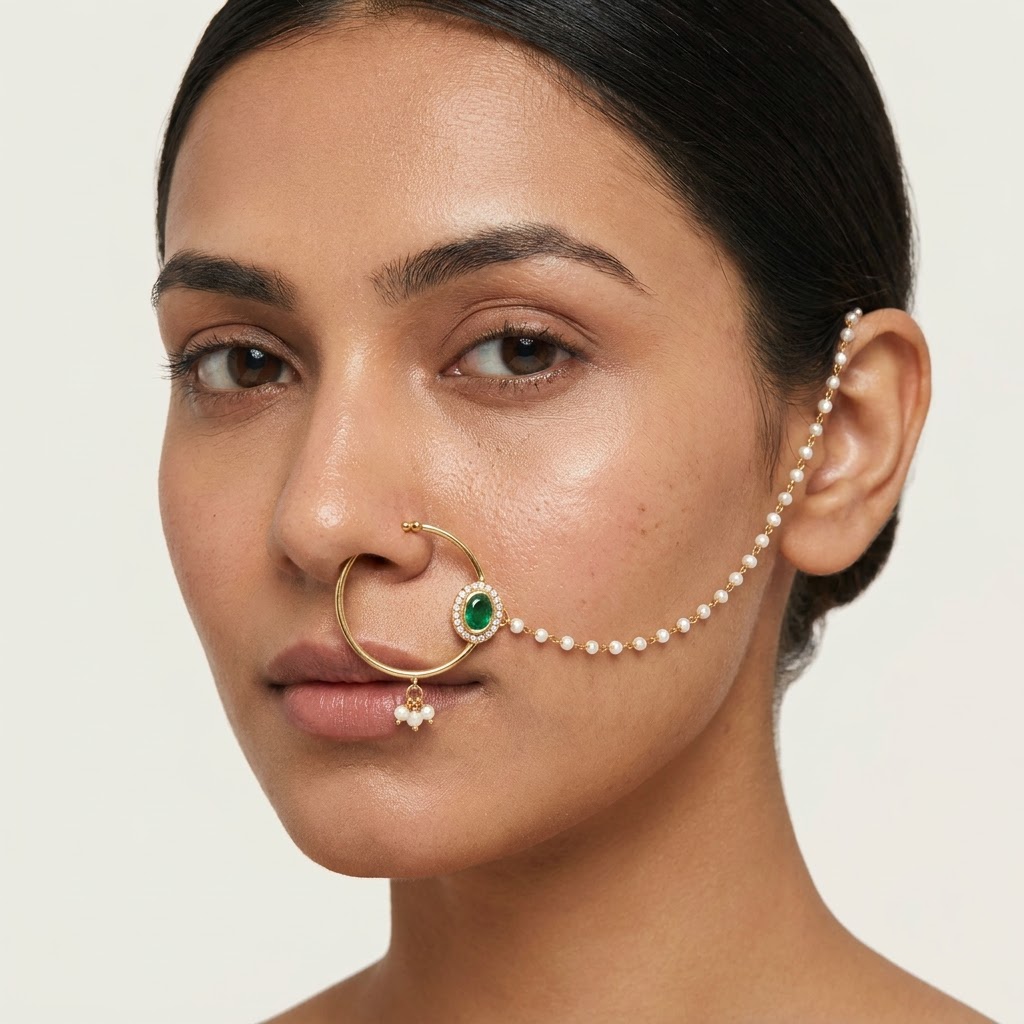 Elegant Gold-Plated Pearl Chain Nath