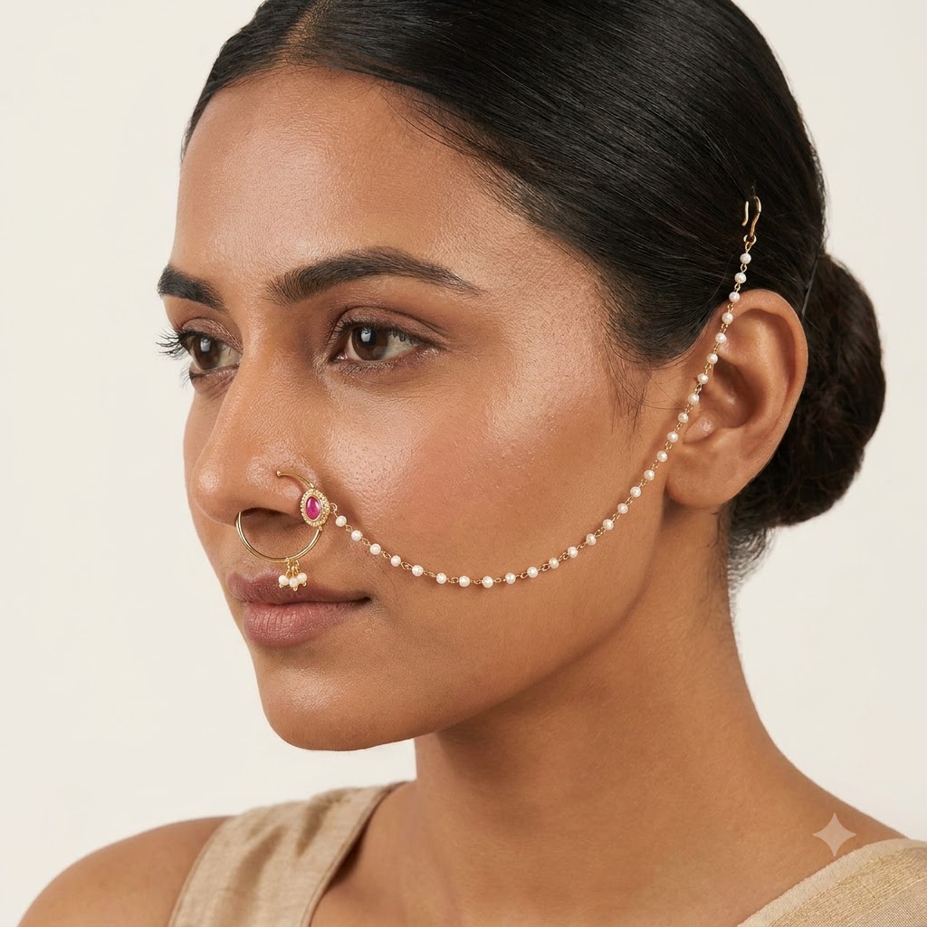 Elegant Gold-Plated Pearl Chain Nath