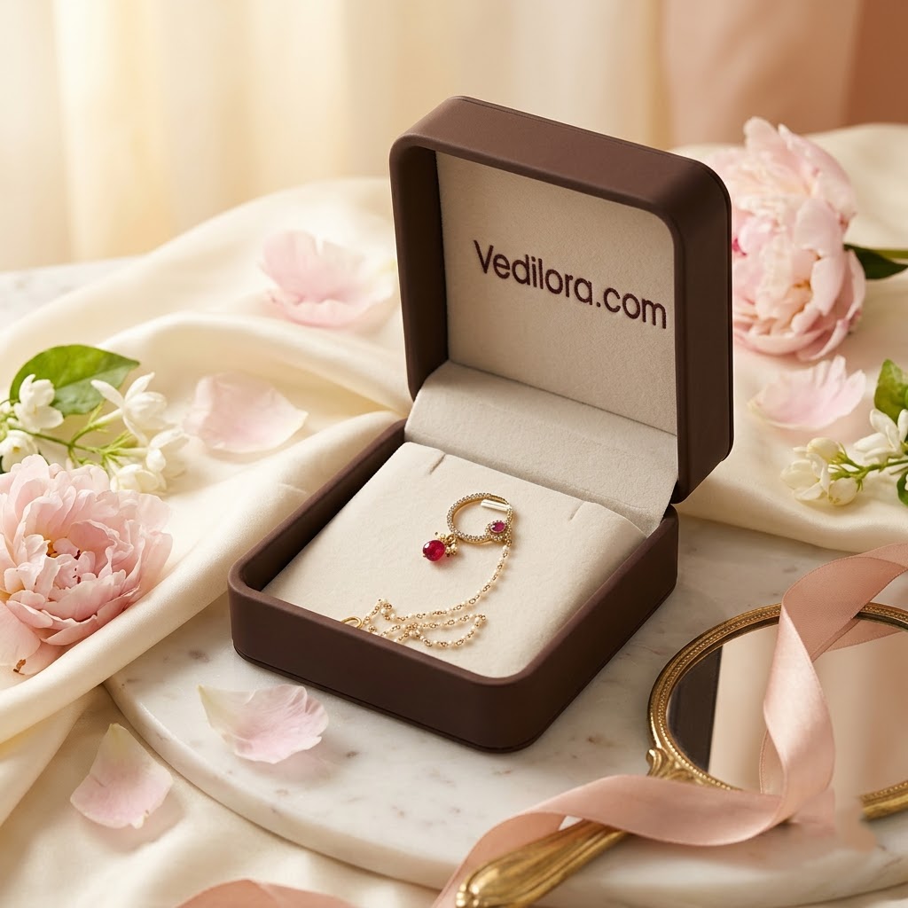 pearl chain, red stone aur kundan-style detailing ke saath.