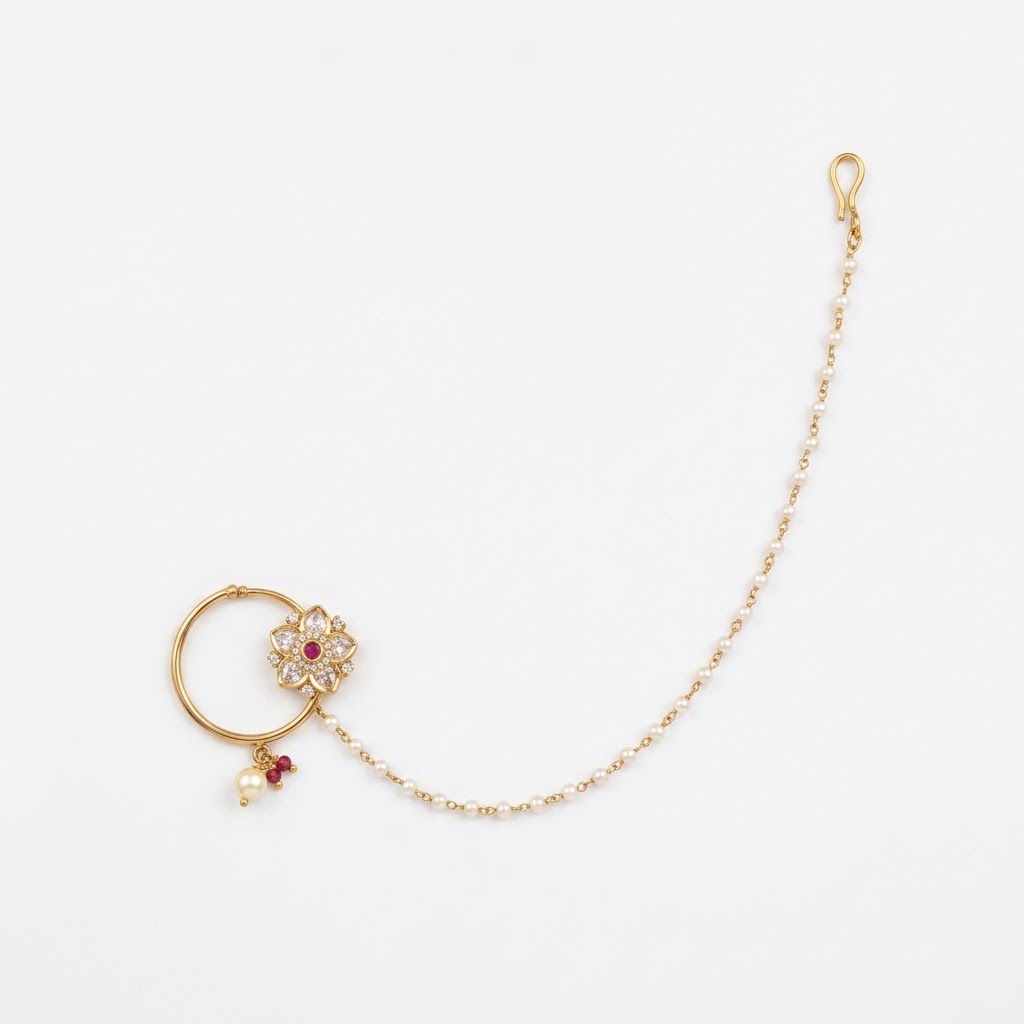 pearl chain, pink stone aur kundan-style detailing ke saath.