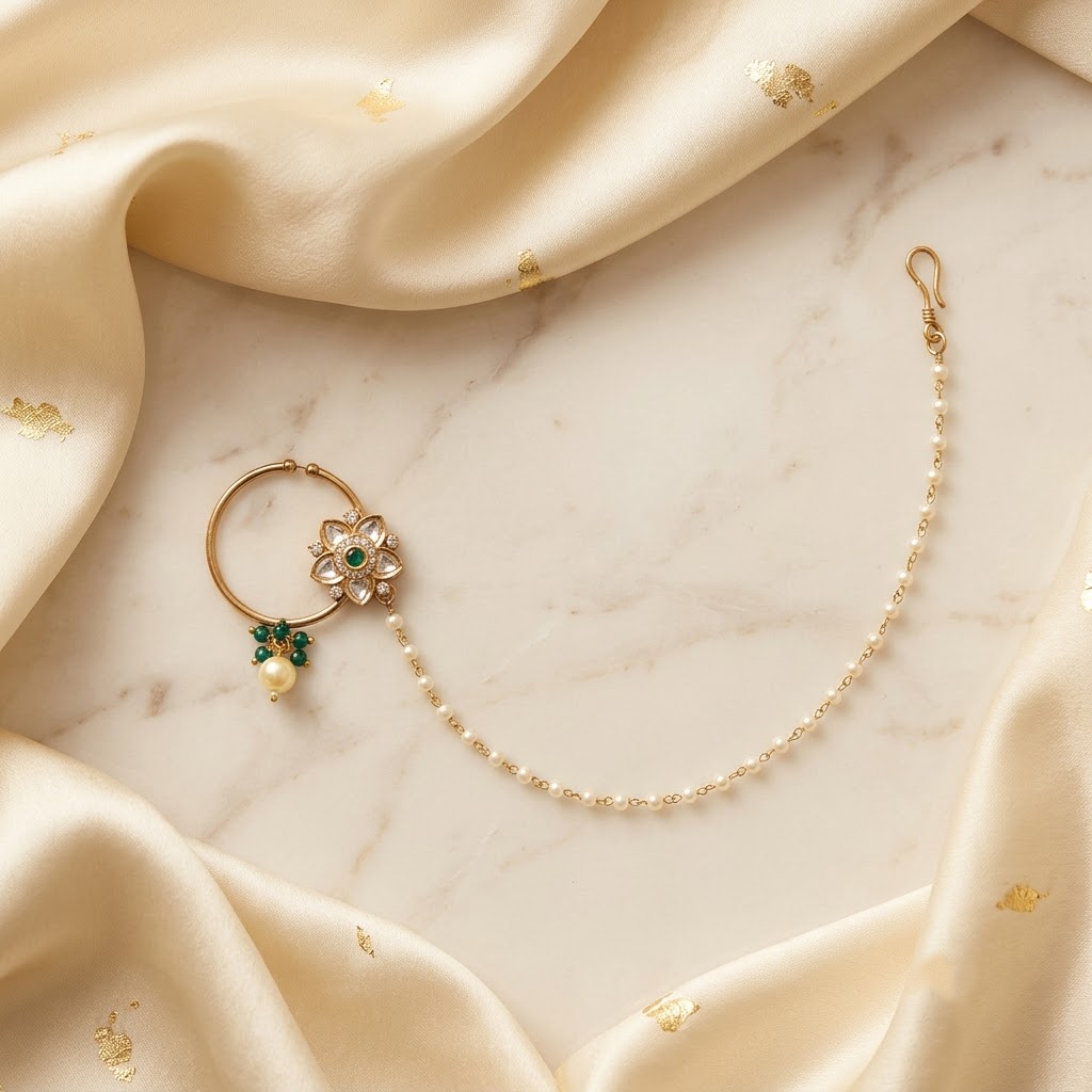 pearl chain, green stone aur kundan-style detailing ke saath.