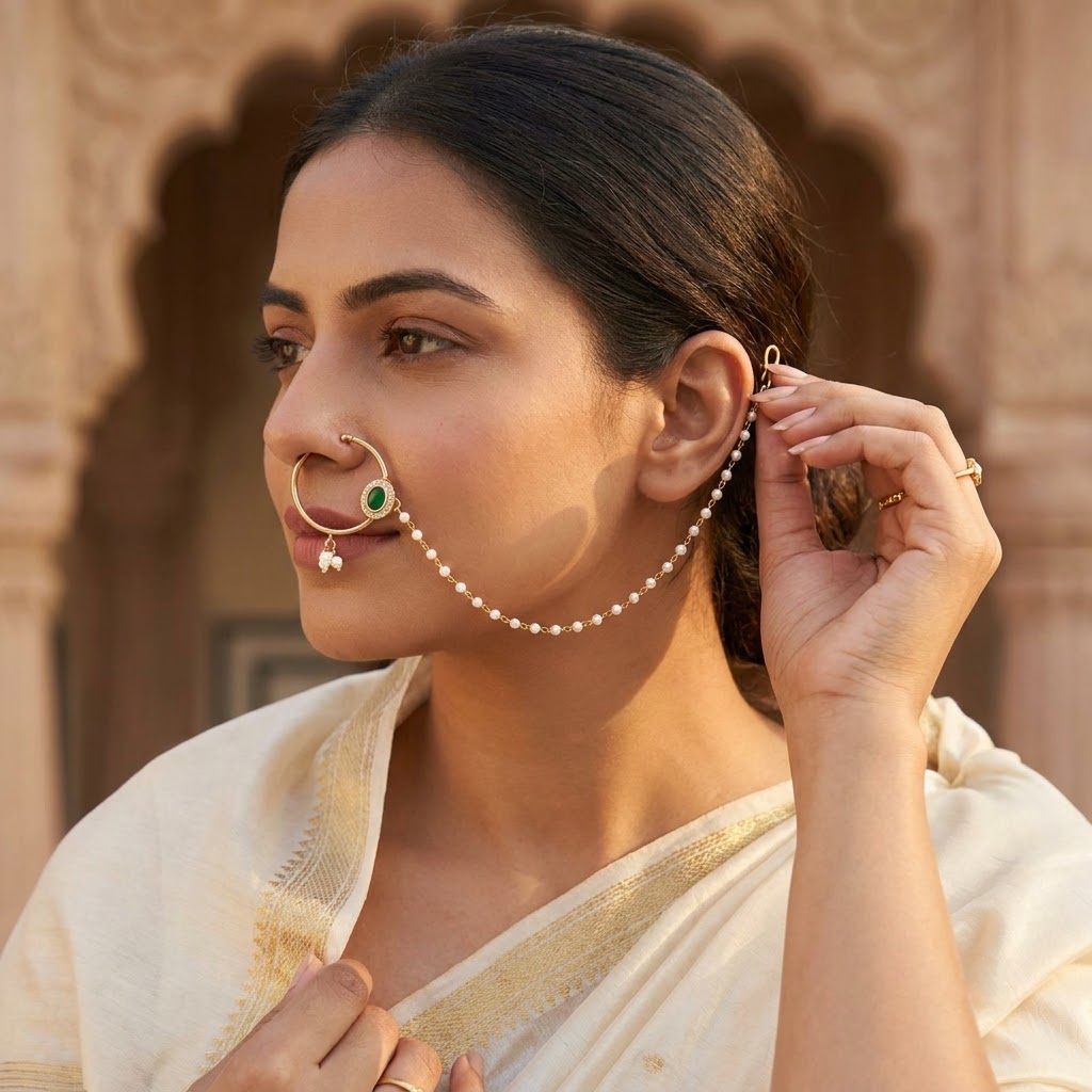 Elegant Gold-Plated Pearl Chain Nath