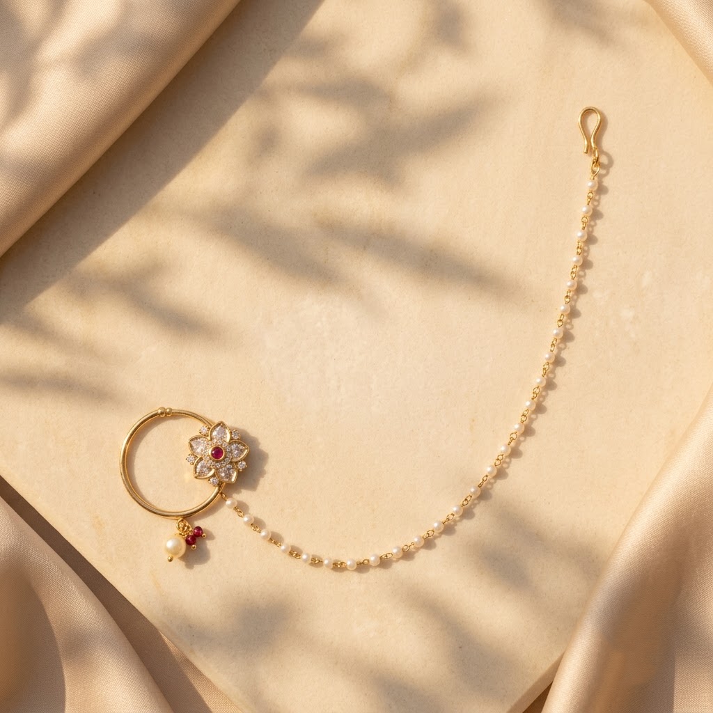 pearl chain, pink stone aur kundan-style detailing ke saath.