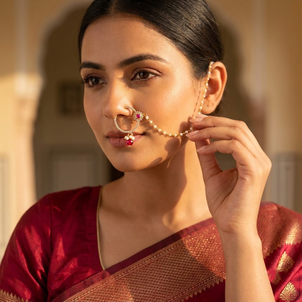 pearl chain, red stone aur kundan-style detailing ke saath.