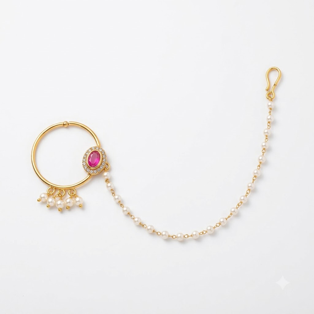 Elegant Gold-Plated Pearl Chain Nath