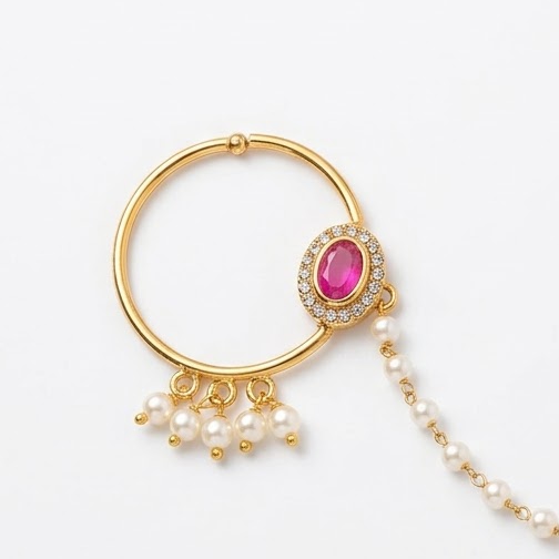 Elegant Gold-Plated Pearl Chain Nath