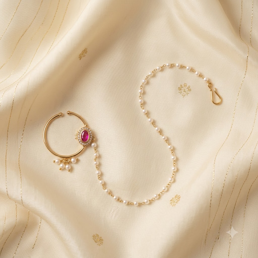 Elegant Gold-Plated Pearl Chain Nath