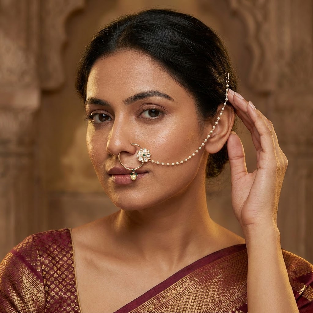 pearl chain, green stone aur kundan-style detailing ke saath.