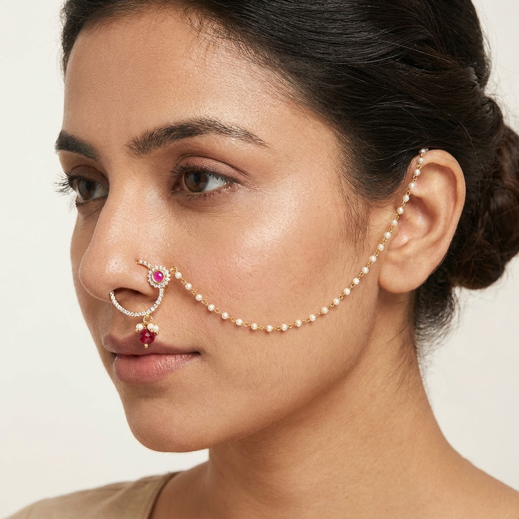 pearl chain, red stone aur kundan-style detailing ke saath.
