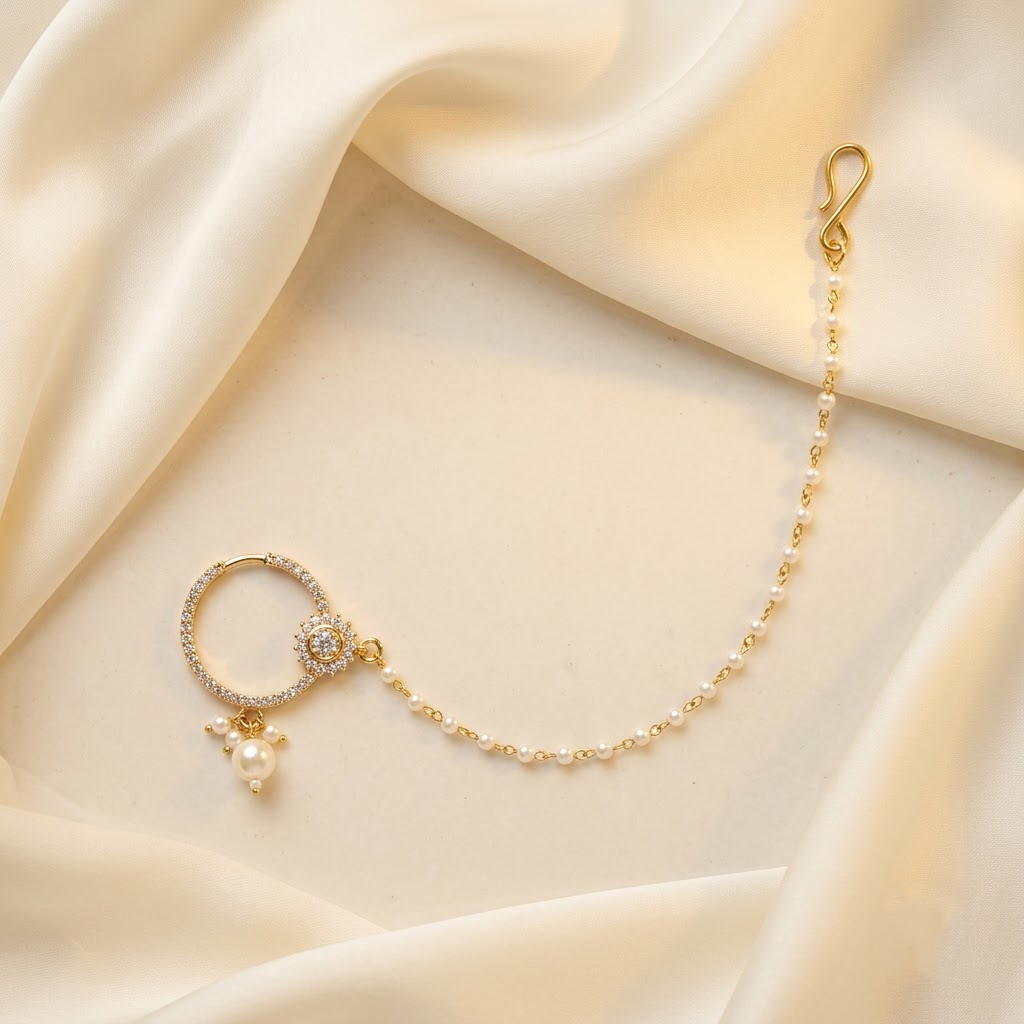 pearl chain, white stone aur kundan-style detailing ke saath.