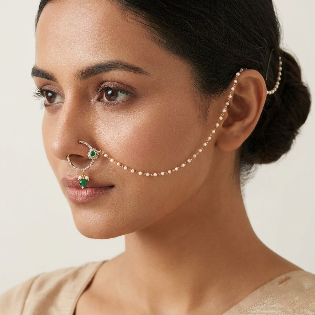 pearl chain, green stone aur kundan-style detailing ke saath.