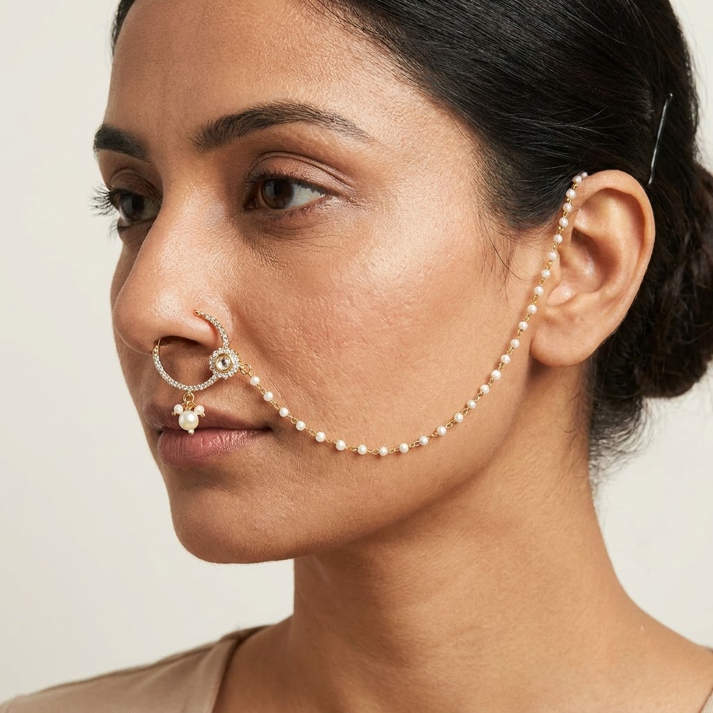 pearl chain, white stone aur kundan-style detailing ke saath.