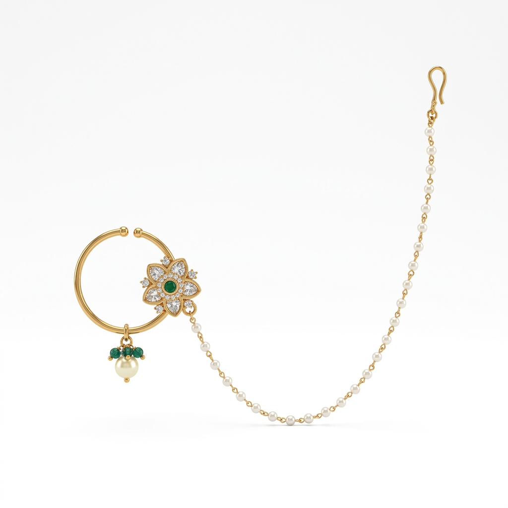 pearl chain, green stone aur kundan-style detailing ke saath.