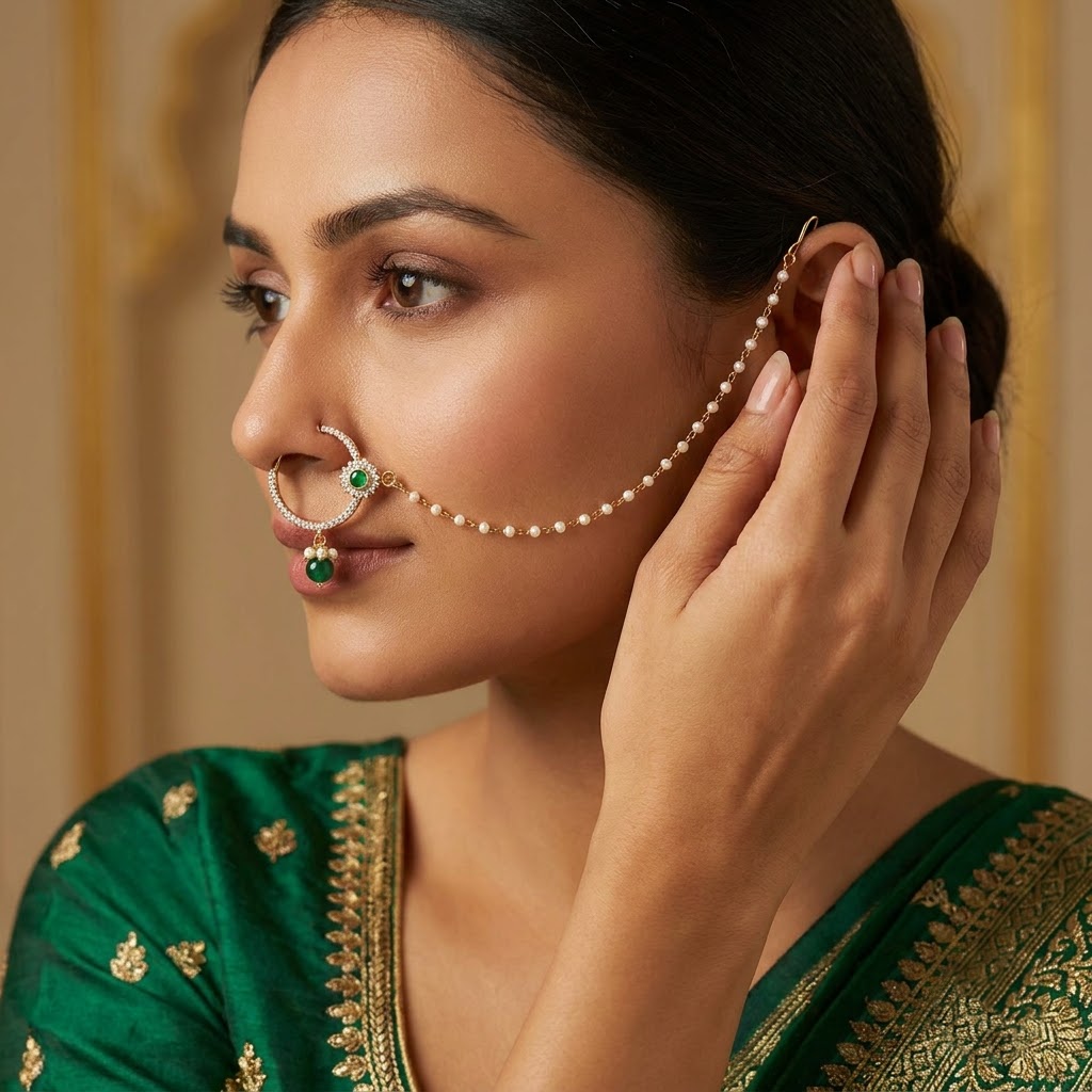 pearl chain, green stone aur kundan-style detailing ke saath.