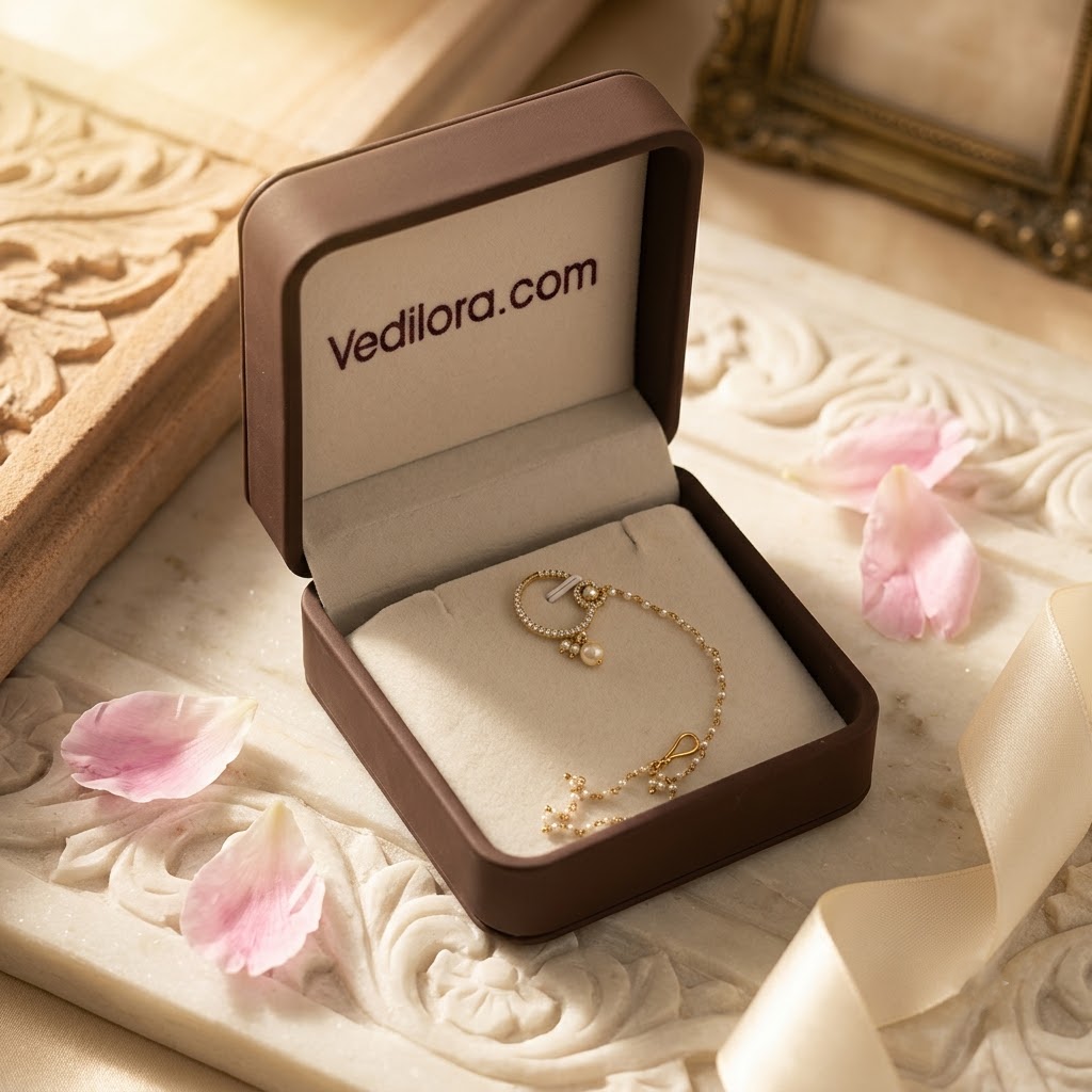 pearl chain, white stone aur kundan-style detailing ke saath.