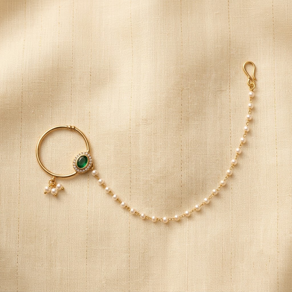 Elegant Gold-Plated Pearl Chain Nath