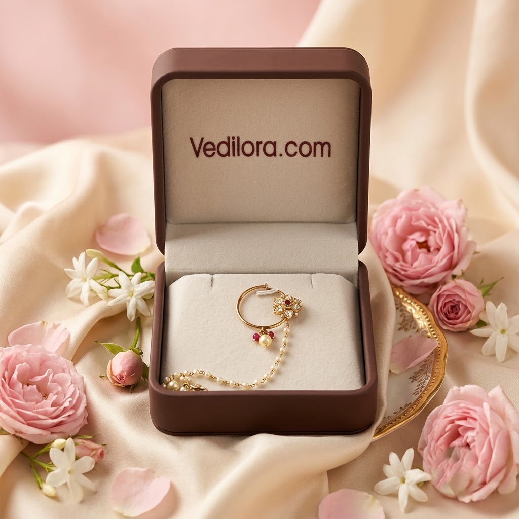 pearl chain, pink stone aur kundan-style detailing ke saath.