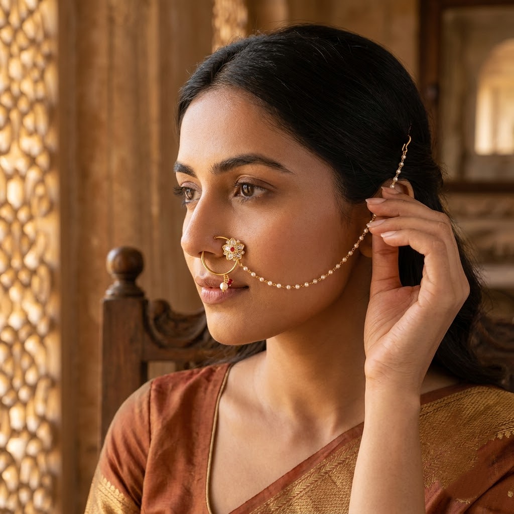 pearl chain, pink stone aur kundan-style detailing ke saath.