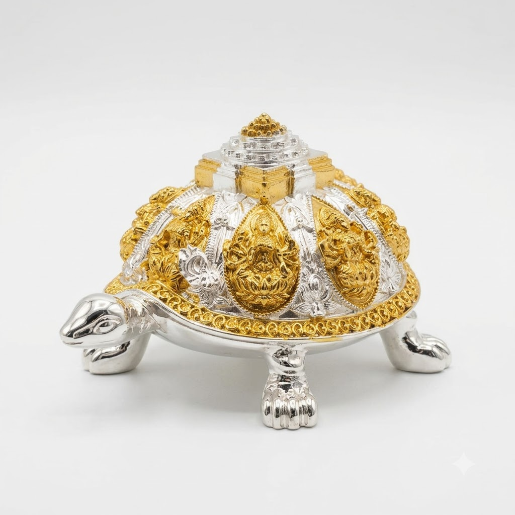 Shree Yantra Silver-Foil Tortoise Idol