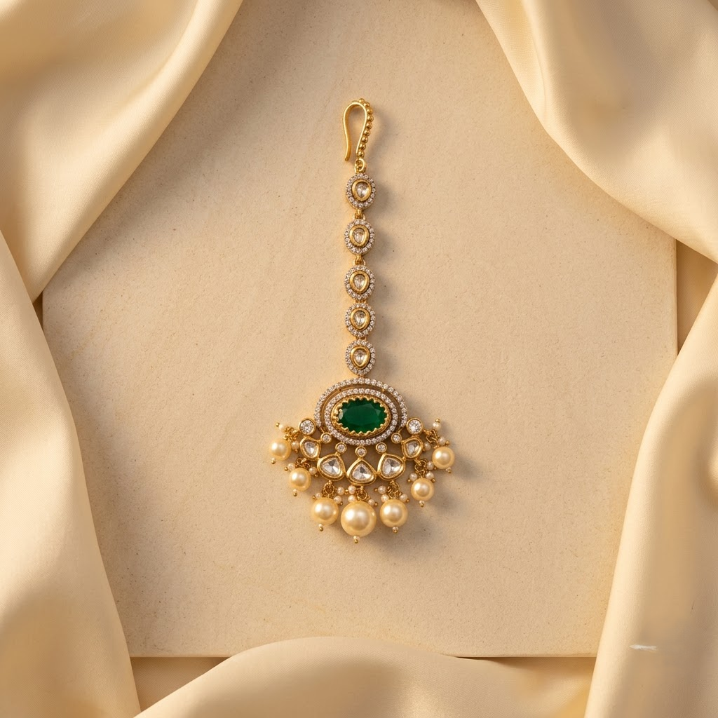 Green Kundan-Inspired Maang Tikka