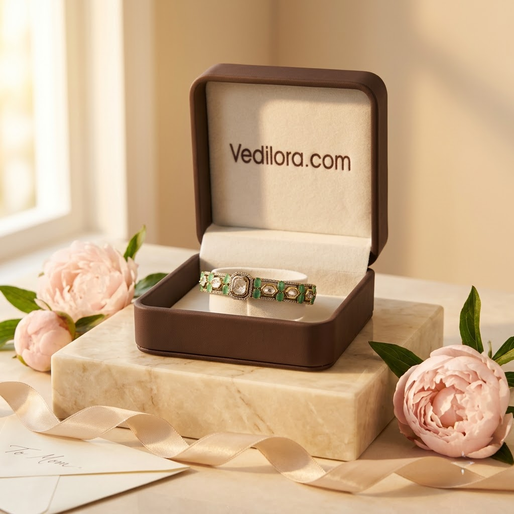 Green Emerald & Polki Statement Bracelet with Gold-Tone
