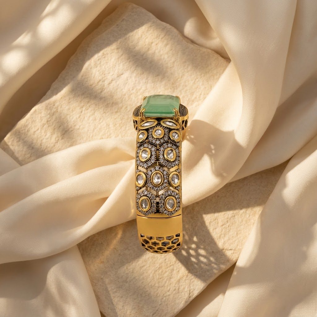 Green Emerald Statement Cuff Bracelet with CZ