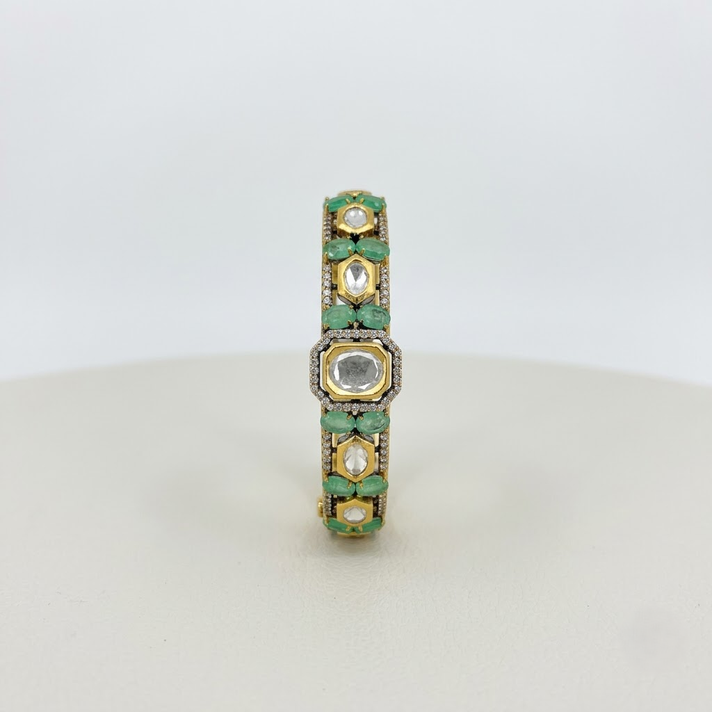 Green Emerald & Polki Statement Bracelet with Gold-Tone