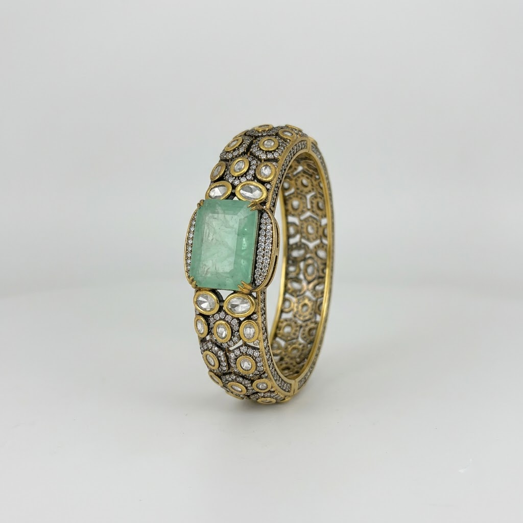 Green Emerald Statement Cuff Bracelet with CZ