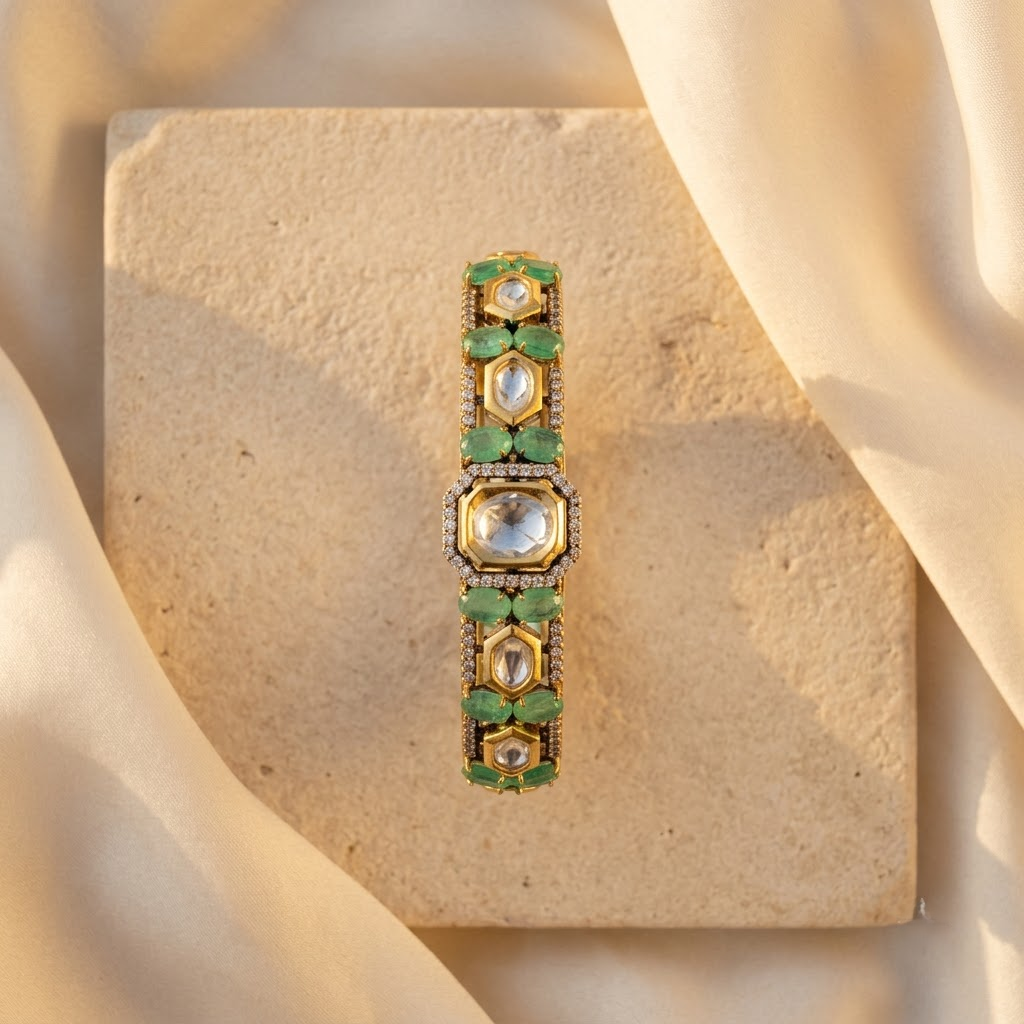 Green Emerald & Polki Statement Bracelet with Gold-Tone