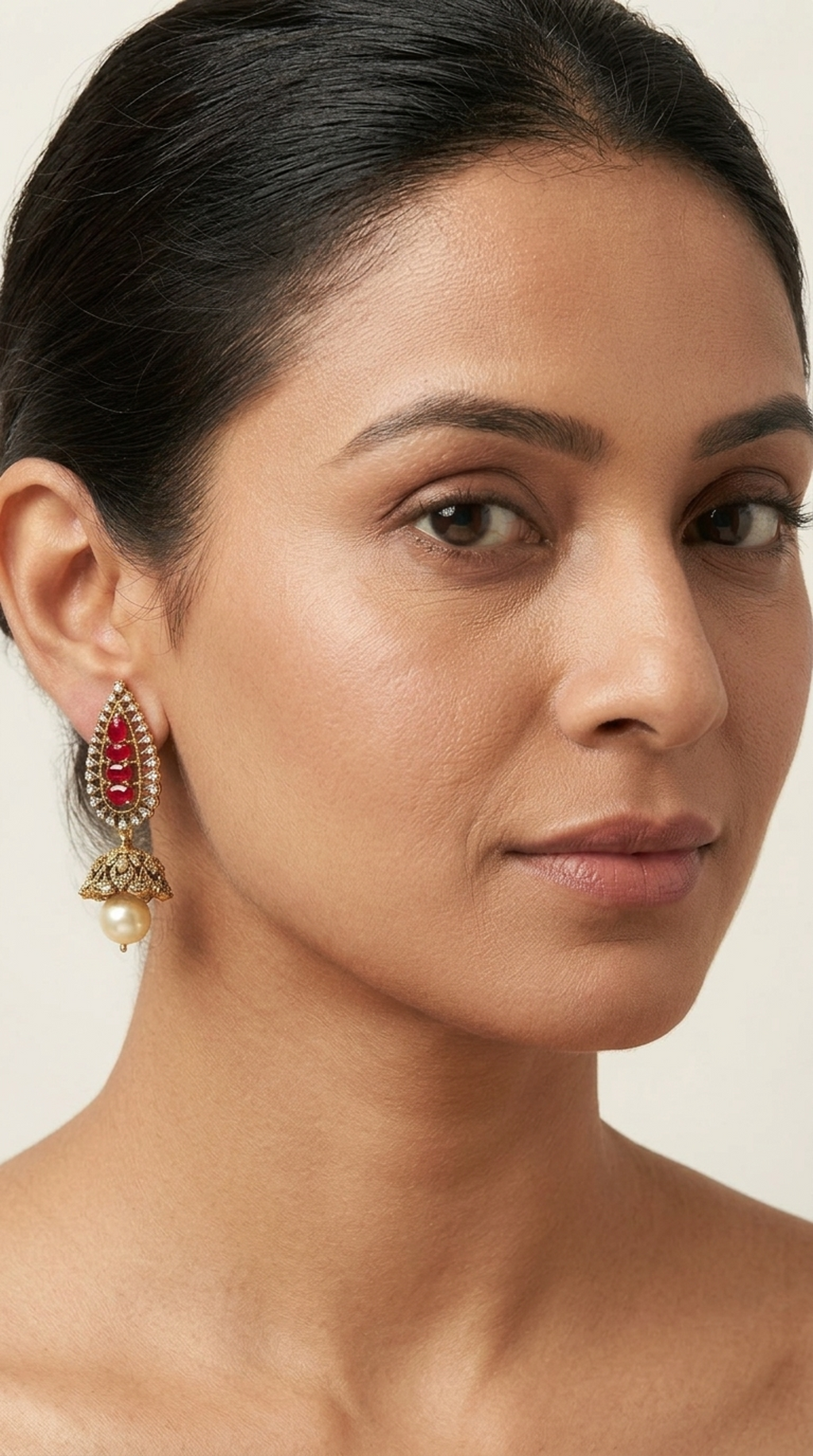 Elegant Pink Kundan-Inspired Pearl Jhumka Earrings