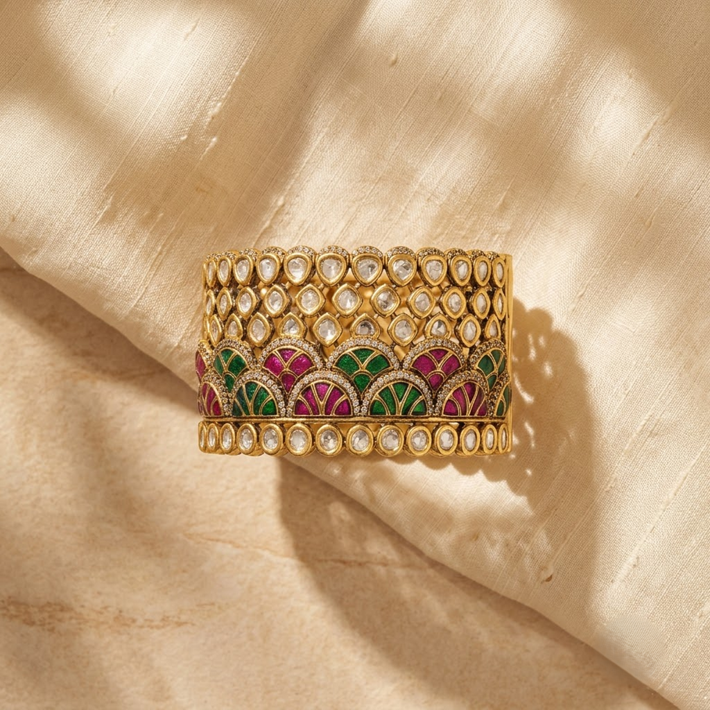 Emerald Green & Ruby Floral Statement Bracelet